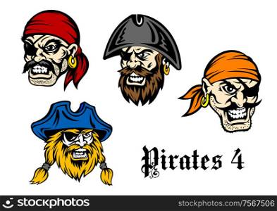 Cartoon brutal pirates and captains in bandannas, eye patches for adventures or mascot design