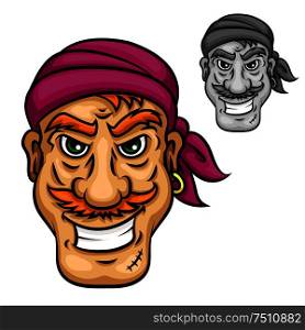 Cartoon brutal smiling pirate or sailor with red moustache, violet bandana on head and gold earring. May be use as t-shirt print, marine, travel or adventure design . Cartoon pirate or sailor with red moustache