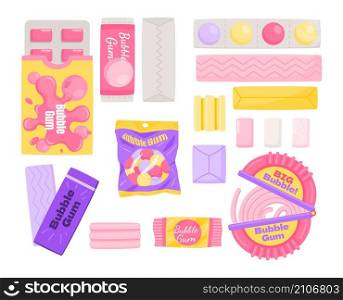 Cartoon bubble gum. Cartoon chewing candy. Colorful pads. Mint chewy balls and sticks in packaging or blisters. Wrapped yummy dragee and stripe. Oral hygiene sweets. Vector isolated pink bubblegum set. Cartoon bubble gum. Cartoon chewing candy. Colorful pads. Mint chewy balls and sticks in packaging or blisters. Yummy dragee and stripe. Oral hygiene sweets. Vector pink bubblegum set