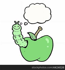 cartoon bug eating apple with thought bubble
