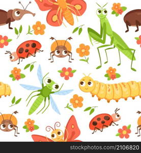 Cartoon bug pattern. Seamless print with cute insect characters and flowers. Butterfly and beetle with happy faces. Summer garden crawling animals background. Funny weevil and mantis. Vector texture. Cartoon bug pattern. Seamless print with insect characters and flowers. Butterfly and beetle with happy faces. Summer garden animals background. Funny weevil and mantis. Vector texture