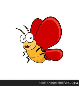Cartoon bug with red wings isolated insect. Vector ladybug or caterpillar, funny butterfly. Insect with red wings, butterfly or bug
