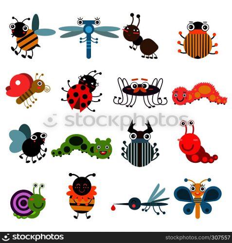 Cartoon bugs and insects. Vector illustration set isolate on white background. Insects collection bee and butterfly, characters spider and ant insects. Cartoon bugs and insects. Vector illustration set isolate on white background