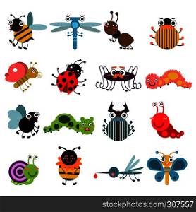 Cartoon bugs and insects. Vector illustration set isolate on white background. Insects collection bee and butterfly, characters spider and ant insects. Cartoon bugs and insects. Vector illustration set isolate on white background