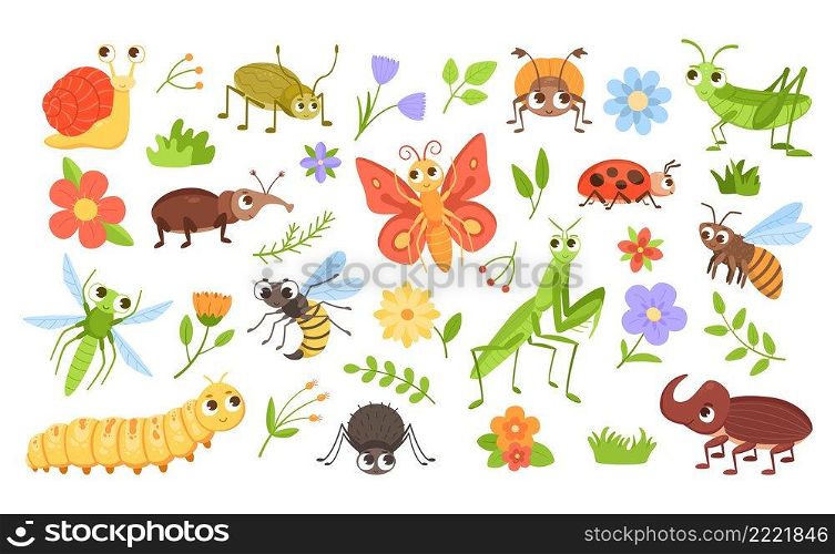 Cartoon bugs and plants. Cute insect characters with happy faces and colorful flowers. Caterpillar and snail mascots. Buzzing bee. Beetle or hornet. Blossoms with leaves. Vector isolated animals set. Cartoon bugs and plants. Insect characters with happy faces and colorful flowers. Caterpillar and snail mascots. Buzzing bee. Beetle or hornet. Blossoms with leaves. Vector animals set