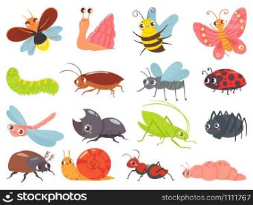 Cartoon bugs. Baby insect, funny happy bug and cute ladybug. Insects mascots, different bugs characters warm, comic snail and butterfly. Isolated vector icons set. Cartoon bugs. Baby insect, funny happy bug and cute ladybug vector set
