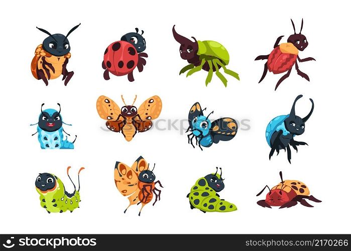Cartoon bugs. Cute happy ladybug caterpillar and butterfly with funny face emotions. Insect baby characters poses. Cheerful dynastinae beetle and moth. Vector isolated flying and crawling animals set. Cartoon bugs. Cute happy ladybug caterpillar and butterfly with funny face emotions. Insect characters poses. Cheerful dynastinae beetle and moth. Vector flying and crawling animals set