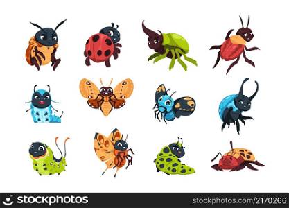 Cartoon bugs. Cute happy ladybug caterpillar and butterfly with funny face emotions. Insect baby characters poses. Cheerful dynastinae beetle and moth. Vector isolated flying and crawling animals set. Cartoon bugs. Cute happy ladybug caterpillar and butterfly with funny face emotions. Insect characters poses. Cheerful dynastinae beetle and moth. Vector flying and crawling animals set