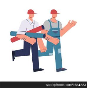 Cartoon builders and architects. Professional construction worker and master foreman in helmet and uniform going with tube, building home and renovation house industry. Vector flat isolated characters. Cartoon builders and architects. Construction worker and master foreman in helmet and uniform going with tube, building home and renovation house industry. Vector flat characters