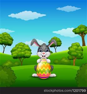 Cartoon bunny holding easter eggs in the park