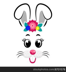 cartoon bunny masks with gray ears and flowers on white isolated background. bunny masks with gray ears and flowers