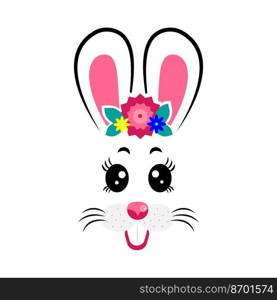 cartoon bunny masks with pink ears and flowers on white isolated background. bunny masks with pink ears and flowers