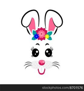 cartoon bunny masks with pink ears and flowers on white isolated background. bunny masks with pink ears and flowers