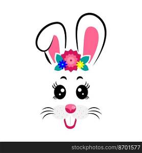 cartoon bunny masks with pink ears and flowers on white isolated background. bunny masks with pink ears and flowers