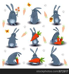 Cartoon bunny rabbit characters for Easter, kids book or fairy tale design template. Vector isolated set of cute funny bunny rabbit with carrot, flowers or catching butterfly and with egg basket. Cartoon bunny rabbit characters vector icons for Easter, kids book or fairy tale design template
