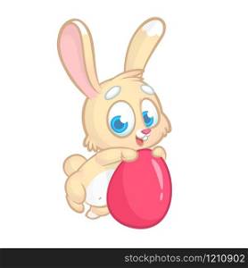 Cartoon bunny rabbit holding Easter egg. Vector illustration of forest animal for Easter holiday