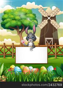 Cartoon bunny waving hand with blank sign in the farm