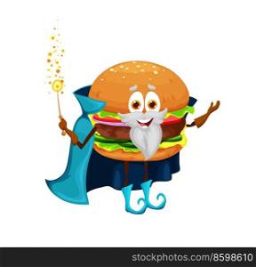 Cartoon burger wizard mage character. Fast food burger sorcerer happy vector character, takeaway cafe burger sandwich mage cheerful personage casting spell with magic wand, wearing cloak or cape. Cartoon fast food burger wizard mage character