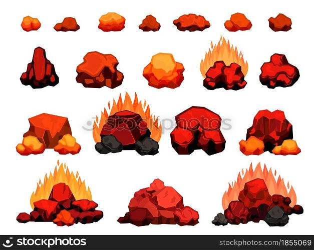 Cartoon burning bonfire with hot charcoal pieces for barbecue. Wood coal pile with flame for grill or bbq. Red heat coal for oven vector set. Heaps and pieces in fire isolated on white