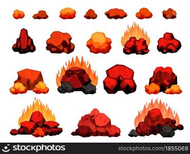 Cartoon burning bonfire with hot charcoal pieces for barbecue. Wood coal pile with flame for grill or bbq. Red heat coal for oven vector set. Heaps and pieces in fire isolated on white
