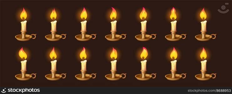 Cartoon burning candles in candlestick motion sequence animation, sprite movement, glowing lights with melted wax. Ui or gui design elements for computer game, isolated vector illustration, icons set. Cartoon burning candles in candlestick animation