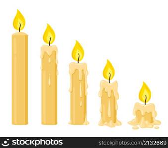 Cartoon burning candles, wax candle burning stages. Melting candles with dripping wax isolated vector illustration. Burning yellow candles. Bright burning religious candlelight. Cartoon burning candles, wax candle burning stages. Melting candles with dripping wax isolated vector illustration. Burning yellow candles