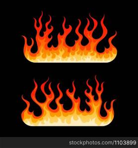 Cartoon burning flames element. Two decoration element with hot blazing fire flame in yellow, orange and red colors isolated on black background. Vector illustration for web design or flammable emblem. Cartoon burning bonfire hot blazing fire flame