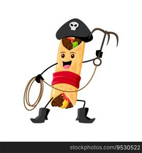 Cartoon burrito pirate and corsair tex mex mexican food character with a grappling hook. Isolated vector traditional Mexico cuisine personage ready to conquer the high seas with a taste for adventure. Cartoon burrito pirate with a grappling hook