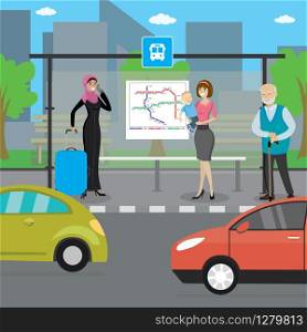 Cartoon Bus stop,different people on city street,car on road,flat vector illustration
