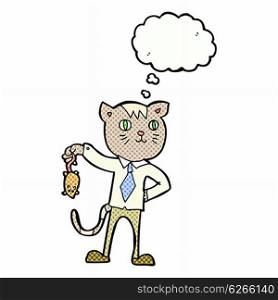 cartoon business cat with dead mouse with thought bubble