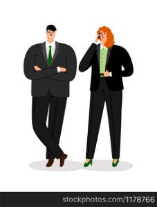 Cartoon business couple. Young woman and businessman in cartoon style isolated on white background, working office employee couple, vector illustration. Cartoon business couple