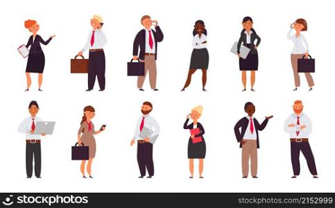 Cartoon business people characters. Office corporate group, coworking persons. Men workers wear suit, happy diverse managers vector set. Illustration office worker, businessman and businesswoman. Cartoon business people characters. Office corporate group, coworking persons. Men workers wear suit, happy diverse managers decent vector set