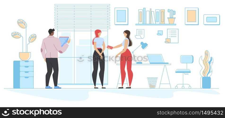 Cartoon Business People, Company Staff, Employees Coworking in Common Workplace. Female Colleagues Talking. Man Working on Laptop. Flat Office Room Scene. Teamwork, Communication. Vector Illustration. Office Scene and Cartoon Business People Employees