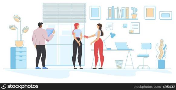 Cartoon Business People, Company Staff, Employees Coworking in Common Workplace. Female Colleagues Talking. Man Working on Laptop. Flat Office Room Scene. Teamwork, Communication. Vector Illustration. Office Scene and Cartoon Business People Employees