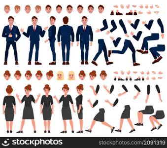 Cartoon business people constructor, poses, facial expressions, gestures. Business characters creation elements vector illustration set. Office people constructor. Male and female employees. Cartoon business people constructor, poses, facial expressions, gestures. Business characters creation elements vector illustration set. Office people constructor