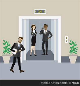 Cartoon business people in elevator and near and lift with open doors,flat vector illustration. Cartoon business people in elevator and near and lift with open