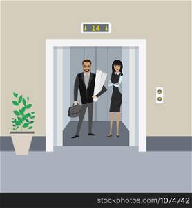 Cartoon business people in elevator or lift with open doors,flat vector illustration. Cartoon business people in elevator or lift with open doors