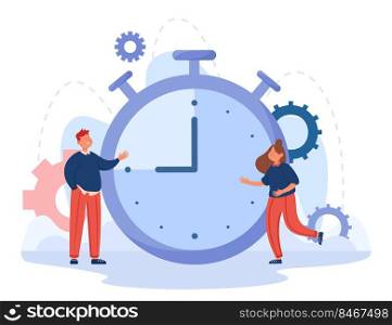 Cartoon business people with huge timer in background. Stopwatch with interval or countdown flat vector illustration. Time management, deadline concept for banner, website design or landing web page