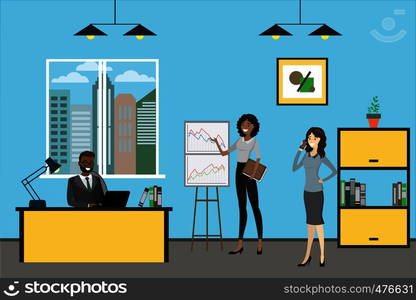 Cartoon business people working in modern office, interior design with furniture,flat vector illustration. Cartoon business people working in modern office