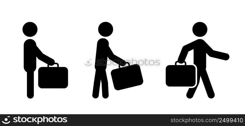 Cartoon business shopping bag. Character, stick figures man, businessman handbag. Vector briefcase. Walking businessmen suitcase concept idea. business man concept. Lets go to walk work or school.