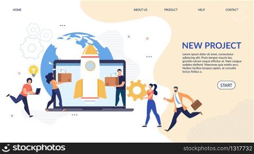 Cartoon Business Team Freelancers, Employees Creating New Global Online Project. Flat Design Landing Page. Ideas and Mechanisms Implementation for Achieving Startup Success. Vector Illustration. New Global Project Creation Design Landing Page