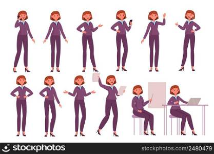 Cartoon business woman poses. Professional office employee female character, different poses and emotions, strict dress code, lady walking and sitting, hold phone and documents, vector isolated set. Cartoon business woman poses. Professional office employee female character, different poses and emotions, strict dress code, lady walking and sitting, hold phone and documents vector set