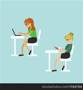 Cartoon business woman sitting at table,work at a computer and read