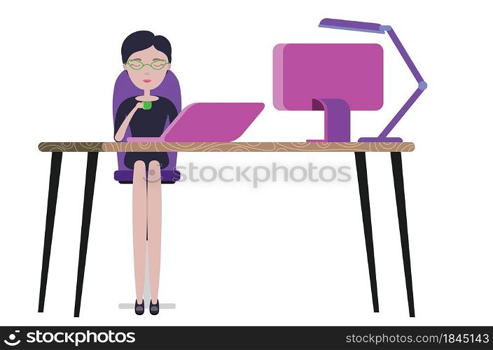 Cartoon business woman working at office desk, work from home concept.