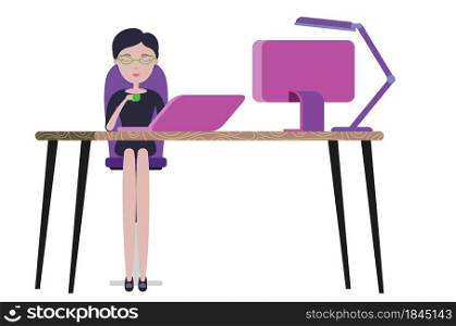 Cartoon business woman working at office desk, work from home concept.