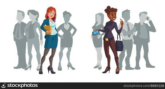 Cartoon business women caucasian and african american multiracial female characters stand out of crowd. Young businesswomen wearing formal suits holding folder and mobile, vector people illustration. Cartoon business women caucasian or african ladies
