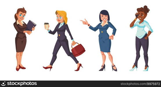Cartoon business women isolated on white background. Young multiracial female characters wearing formal suits holding briefcase, coffee, speak by mobile, office workers vector people illustration set. Cartoon business women characters isolated set
