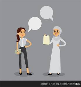 Cartoon Business women talk,arab ana caucasian woman joined the discussion,flat vector illustration