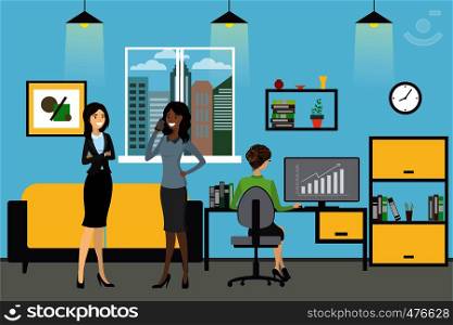 Cartoon business women working at modern office, Business woman speaks on the phone, interior design with furniture,flat vector illustration. Cartoon business women working at modern office