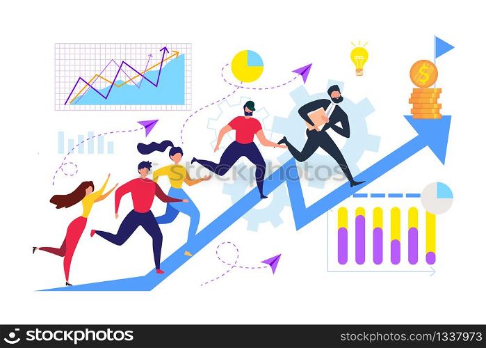 Cartoon Businessman and Group People Run Forward Direction. Financial Success Vector Illustration. Competition Challenge. Arrow Up Graph Growth. Man Woman Teamwork. Motivation Leadership Strategy. Cartoon Businessman People Run Forward Direction
